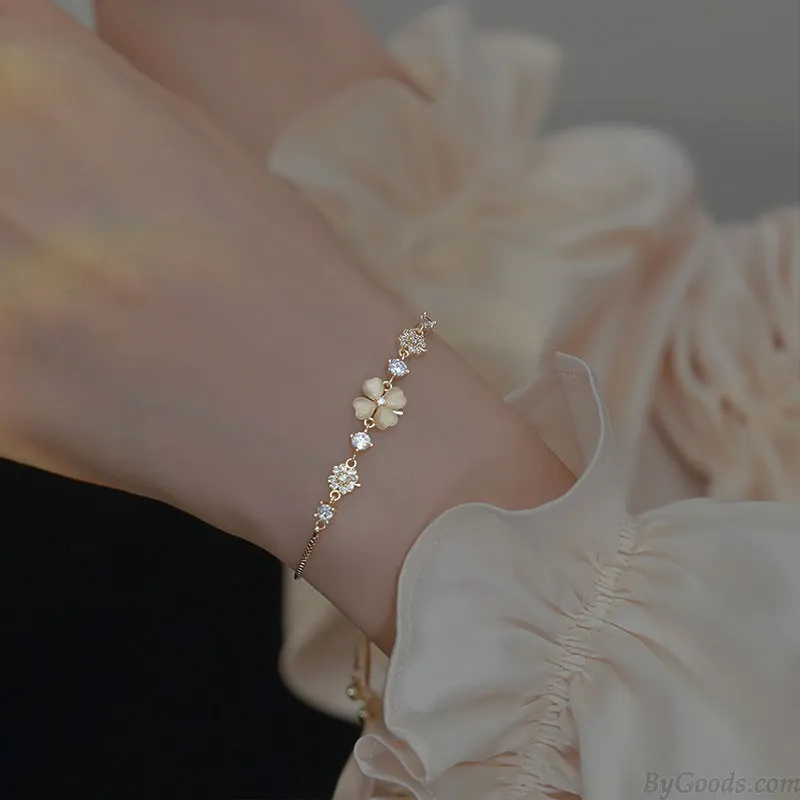 FASHION DIAMOND OPAL FLOWER FOURLEAF CLOVER PENDANT ANKLET JEWELRY GIFT FOR WOMEN GOLDEN BRACELET