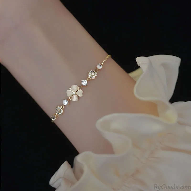 FASHION DIAMOND OPAL FLOWER FOURLEAF CLOVER PENDANT ANKLET JEWELRY GIFT FOR WOMEN GOLDEN BRACELET