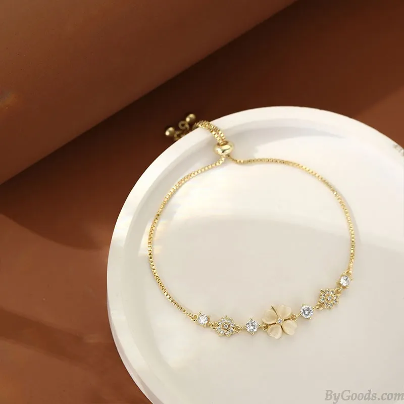 FASHION DIAMOND OPAL FLOWER FOURLEAF CLOVER PENDANT ANKLET JEWELRY GIFT FOR WOMEN GOLDEN BRACELET