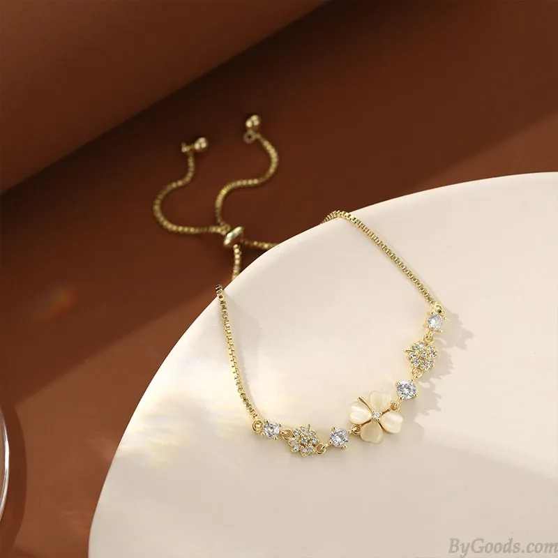 FASHION DIAMOND OPAL FLOWER FOURLEAF CLOVER PENDANT ANKLET JEWELRY GIFT FOR WOMEN GOLDEN BRACELET