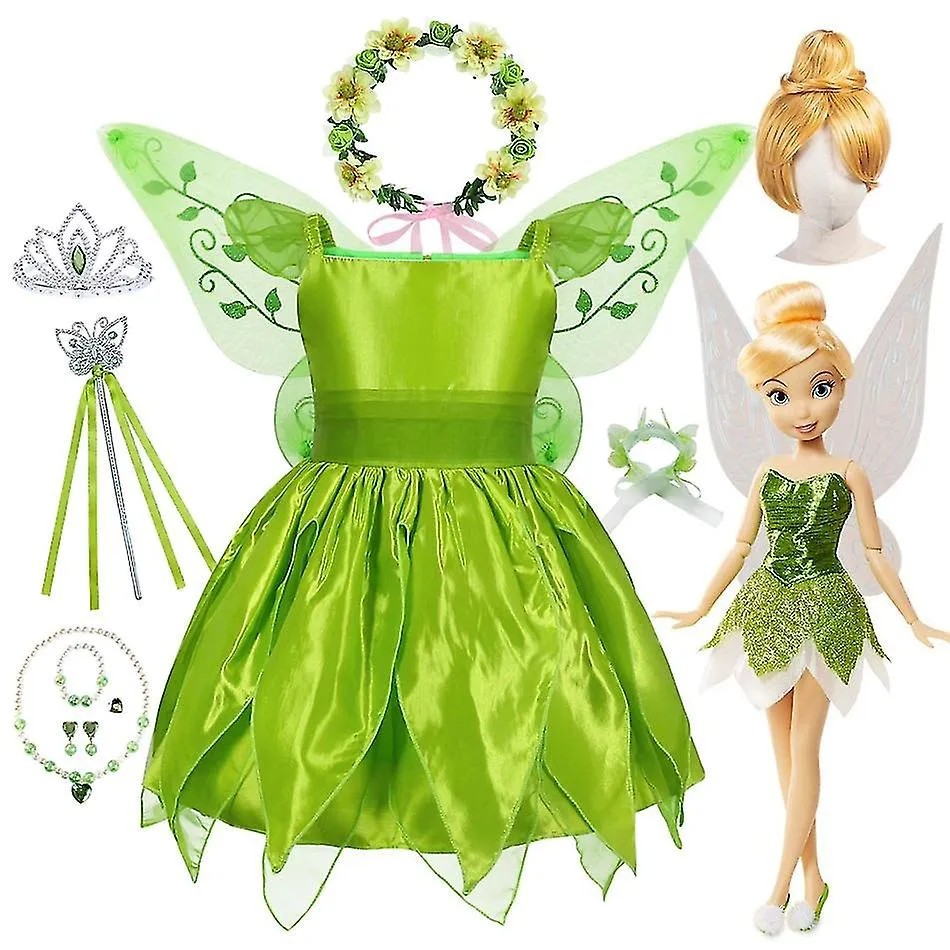 GIRLS TINKER BELL COSTUME HALLOWEEN COSTUME FOR KIDS GREEN TINKERBELL FANCY DRESS FAIRY PRINCESS COSPLAY CARNIVAL PARTY 210Y