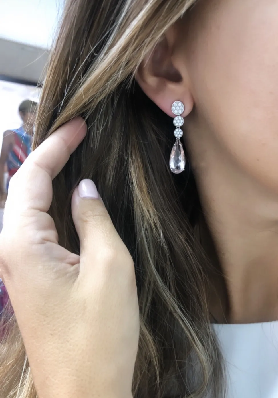 ***Pendientes Oro Blanco 18kts con Circonitas y Cuarzi Rosa