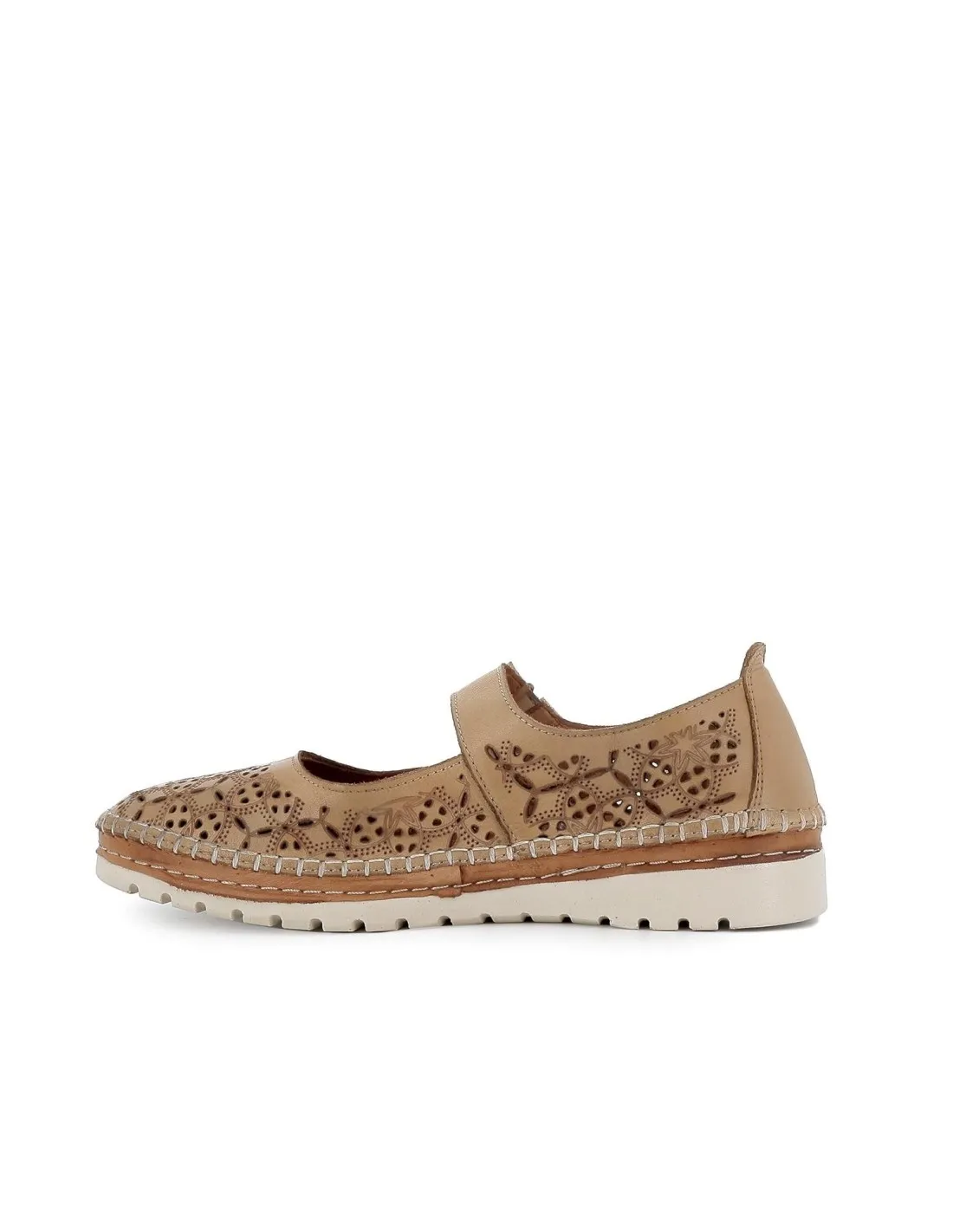 Zapato beige plano velcro con calados geométricos mujer Erase